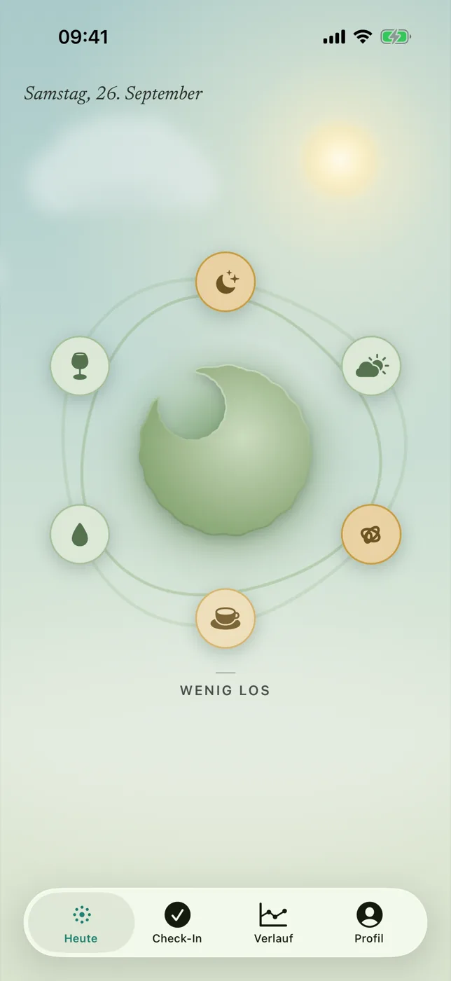 Startfläche der App: ein Himmel zur Tageszeit, in der Mitte die grüne Scheibe mit dem Zustand „Wenig los“, umkreist von sechs Bereichen: Schlaf, Wetter, Stress, Koffein, Trinken, Alkohol.